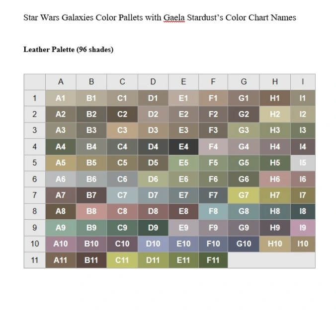 Star Wars Galaxies Tailor Color Charts  Atheren's Star Wars Galaxies  Adventures